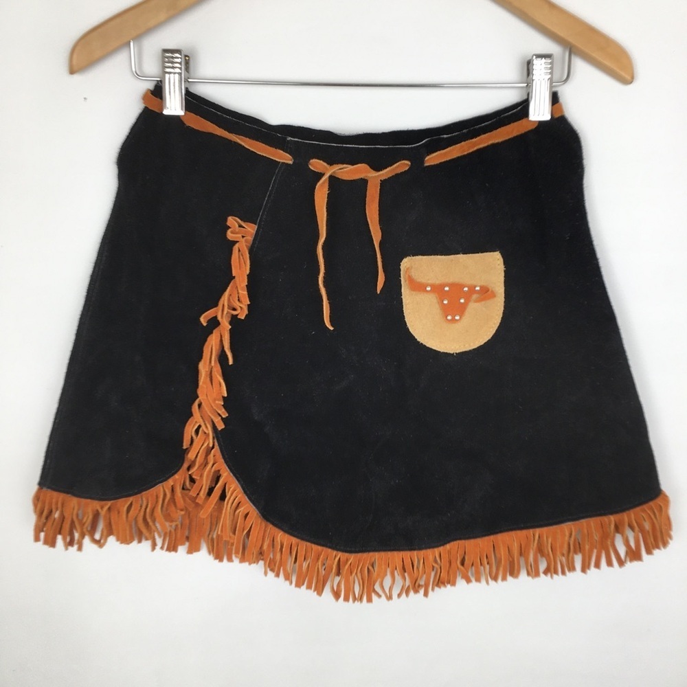 Vintage Girls Western Style Leather Fringe Skirt Black Brown Suede Cowgirl Rodeo